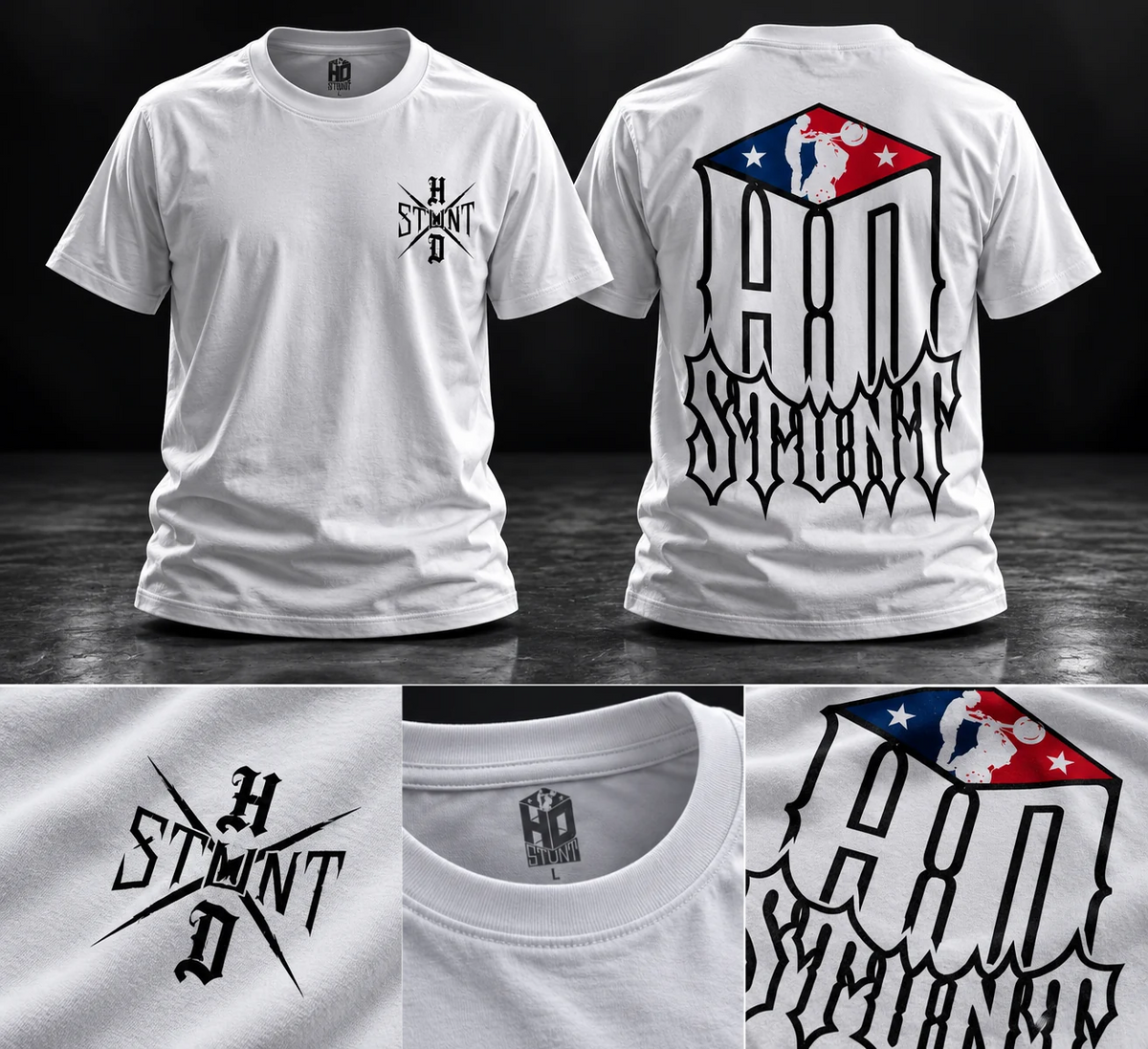 T-shirt X HD Stunt White Edition, vue de face et de dos
